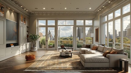 living room soft warm ambient light, city apartment, classic and elegant, traditional architectural elements