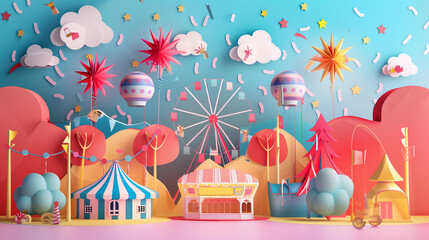 A colorful scene of a carnival with a Ferris wheel and a carousel
