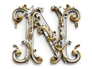 N lettering old gold relief on white background