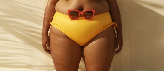 Curvy Woman Exuding Summer Vibes in Stylish Yellow Swimsuit and Red Sunglasses Expertly Rendered in...