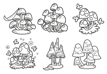 Poisonous mushrooms outlined variation for coloring page isolated on white background