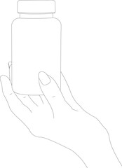 Hand holding medicine, health care concept. Hand holding jar of medicines line drawing