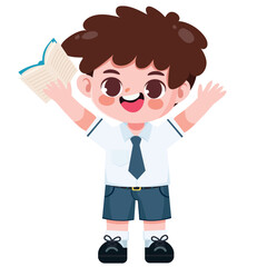 Cute Thai student boy in school uniform read a book