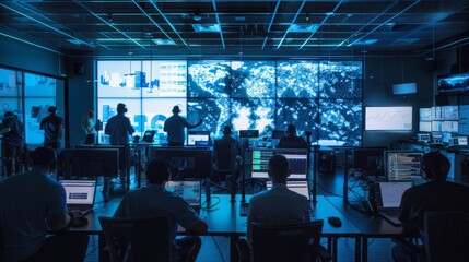 Group of people intensely working on laptops in a dark room, simulating a cyber attack and defense exercise in a high-tech lab - Powered by Adobe