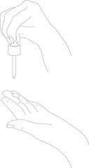 Line drawing of hand holding glass pipette. Essential oils bottle minimalism design. Vector illustration.
