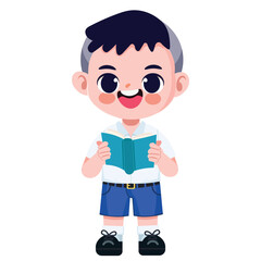 Cute Thai student boy in school uniform read a book