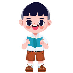 Cute Thai student boy in school uniform read a book