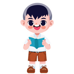 Cute Thai student boy in school uniform read a book