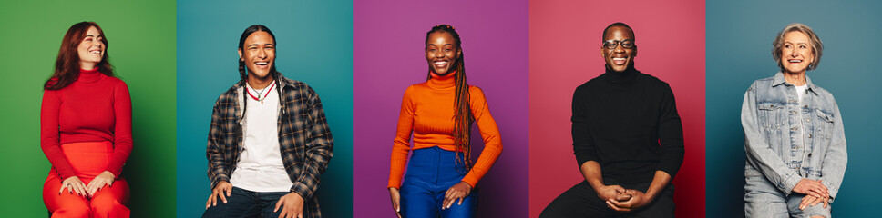 Diverse group of joyful people posing in vibrant studio settings