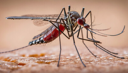 World Mosquito Day. macro photography of a mosquito. a mosquito bites a person. a mosquito with a belly full of blood