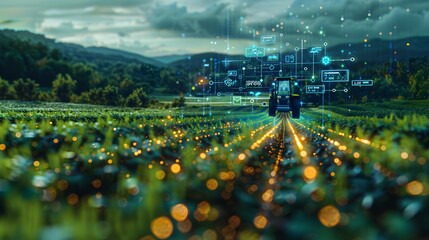 Smart farm concept utilizing digital technology in agriculture AI data analysis icons enhancing efficiency in futuristic agriculture digitized eco friendly and sustainable harvesting concept