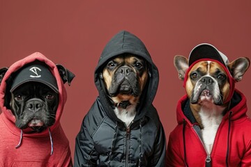Dogs wearing urban streetwear, including hoodies and caps, posing casually against a solid burgundy background, with plenty of space in the composition.