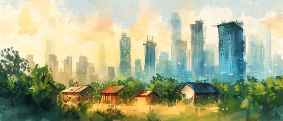 Obraz premium A vibrant watercolor painting depicting rustic village houses in contrast with modern city skyscrapers in the background under a bright sky.