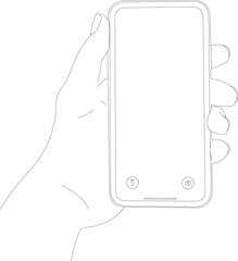 Hand holding smartphone. Outline icon, Vector illustration.