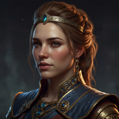 Portrait of a noble medieval woman character from RPG video game with diadem crown, epic princess girl, middle age, beautiful glamorous fantasy queen.
