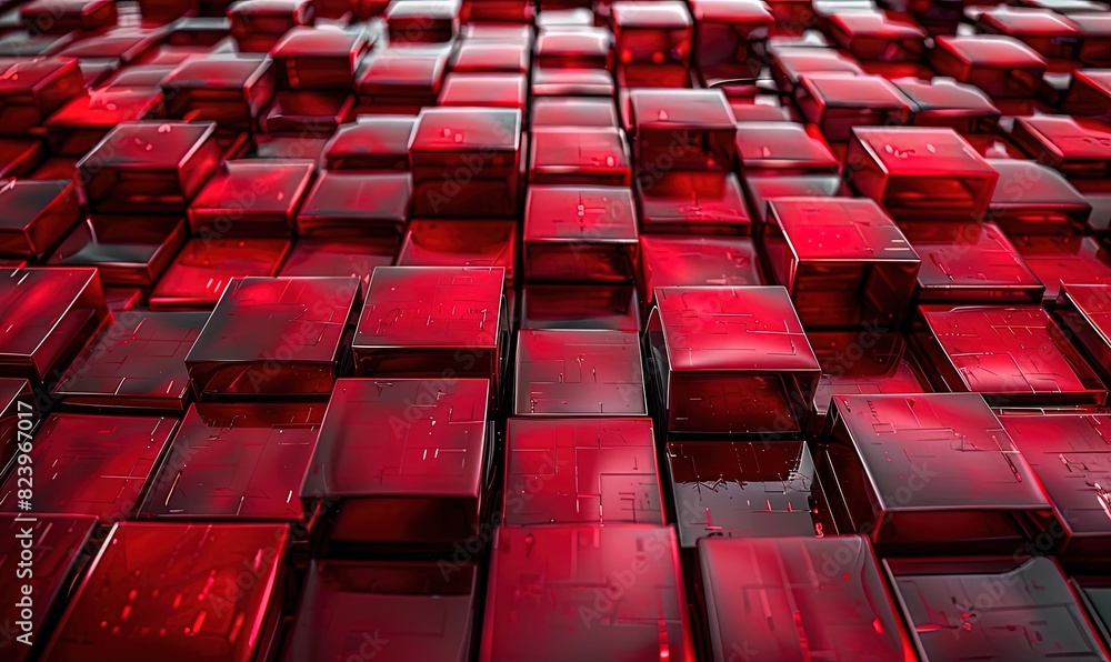 Poster abstract space with dark mosaic background with many red block shapes and cubes.