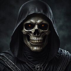 A dark portrait of a skull skeleton like grim reaper with black hoodie, an scary horror monster. Death himself in a creepy close up profil picture.