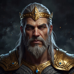 The old king in the crown. Aged lord noble man with badass expression, serious face, golden crown diadem. The monarch ruler, maximu authority avatar.
