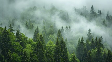 Hazy Forest. Coniferous Trees Covered in Cloud in the Countryside
