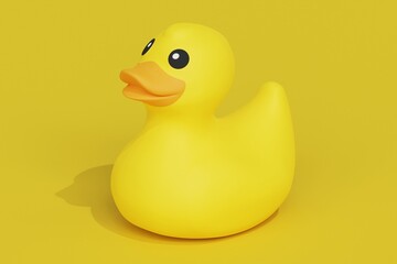 Yellow rubber toy in the shape of duck bird on the yellow background 3d rendered illustration