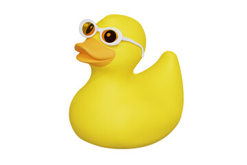 Yellow rubber toy in the shape of duck bird wearing sunglasses 3d rendered icon isolated