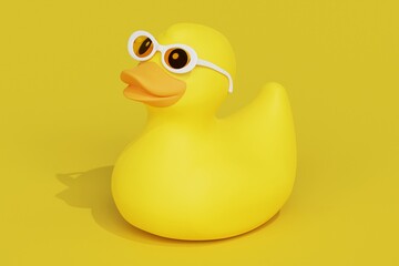 Yellow rubber toy in the shape of duck bird wearing sunglasses on the yellow background 3d rendered illustration