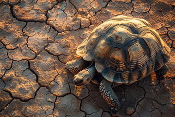 Naklejka premium Photo of soil destroyed by erosion with a turtle. Concept of ecology and natural disasters