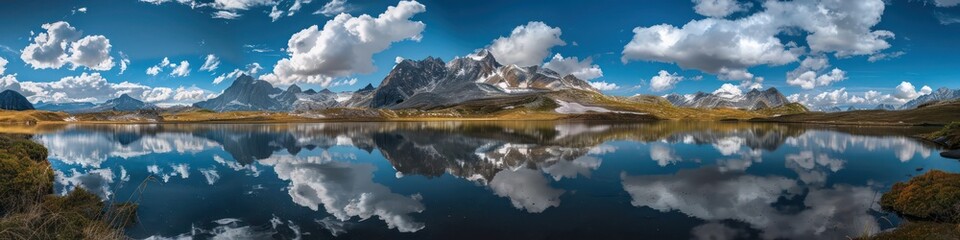Fototapeta na wymiar mountain range with a lake reflecting the blue sky with dramatic clouds