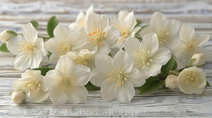   A cluster of white blossoms atop a wooden surface alongside a verdant foliage plant on top of a wooden table