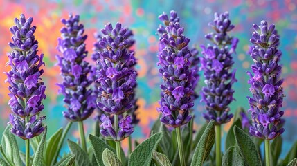 A colorful wall with a butterfly and bee on it, surrounded by vibrant purple flowers