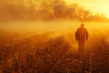 A farmer inspects a crop destroyed by a severe drought. Concept of ecology and natural disasters
