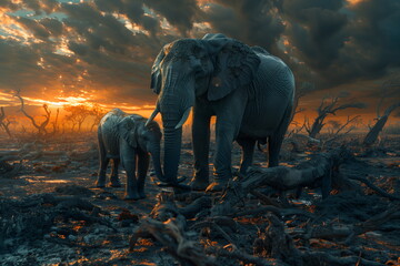 Elephants walking through a desolate landscape at sunset, with dramatic skies and fallen trees. Concept of ecology and natural disasters