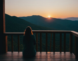 Woman Enjoying Mountain Sunset from Wooden Deck