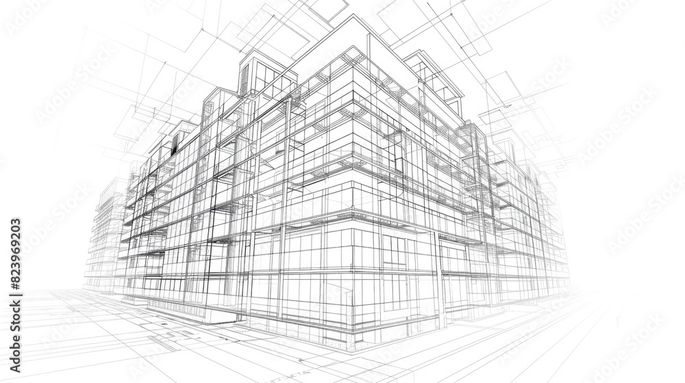 Poster building outline. three-dimensional abstract wireframe of black apartment on blueprint background
