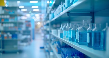 Blurred background of a laboratory interior with shelves and test tubes in a medical center, having a light blue color theme