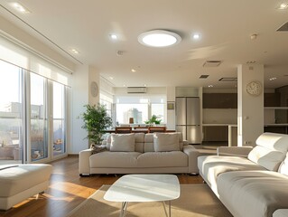 modern light living room with lamps and ceiling lights, natural sunlight