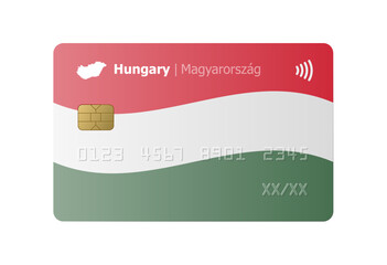 Bank credit card with flag and map of Hungary isolated on white background. Vector illustration, mockup.