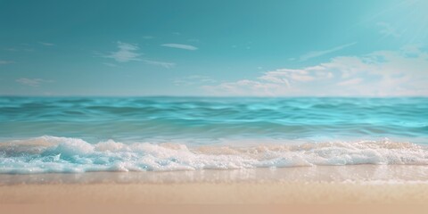 Blurred background of beautiful sandy beach with blue sea and white sand, banner template for summer vacation concept