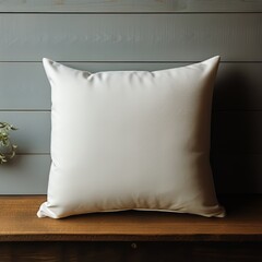 Modern white pillow mockup on wooden surface with natural decor