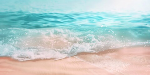 Blurred background of beautiful sandy beach with blue sea and white sand, banner template for summer vacation concept