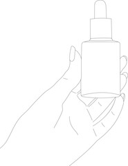 Hand holding cosmetic bottle. Beauty product for skincare. Cream, makeup foundation in spray pump package. Skin care essence, moisturizer. Flat vector illustration isolated on white background