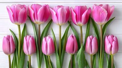   A line of pink tulips faces a white wall, featuring green stems in the front