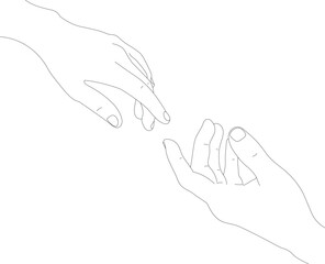Two hand's touch in one line art style isolated on a white background. Rescue, assistance, care icon. Continuous line icon. Outline minimalist design. 
