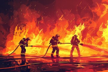 courageous firefighter team battling raging inferno with powerful hoses dramatic action scene illustration