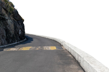 Curved on a small asphalt road with spring break, and rocky wall next to it, isolated in a transparent background.