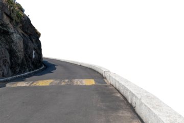 Curved on a small asphalt road with spring break, and rocky wall next to it, isolated in a transparent background.