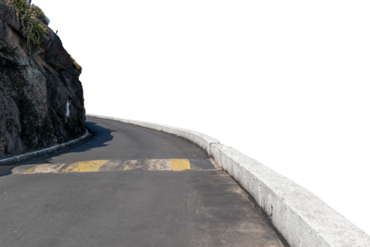 Curved on a small asphalt road with spring break, and rocky wall next to it, isolated in a transparent background.