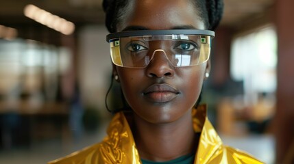 The close up picture of the african american software engineer female is wearing the smart glasses and working inside office, the software engineer require skills like programming and language. AIG43. - Powered by Adobe
