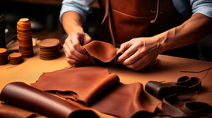 A leather craftsman working with various pieces of leather on a workshop table.