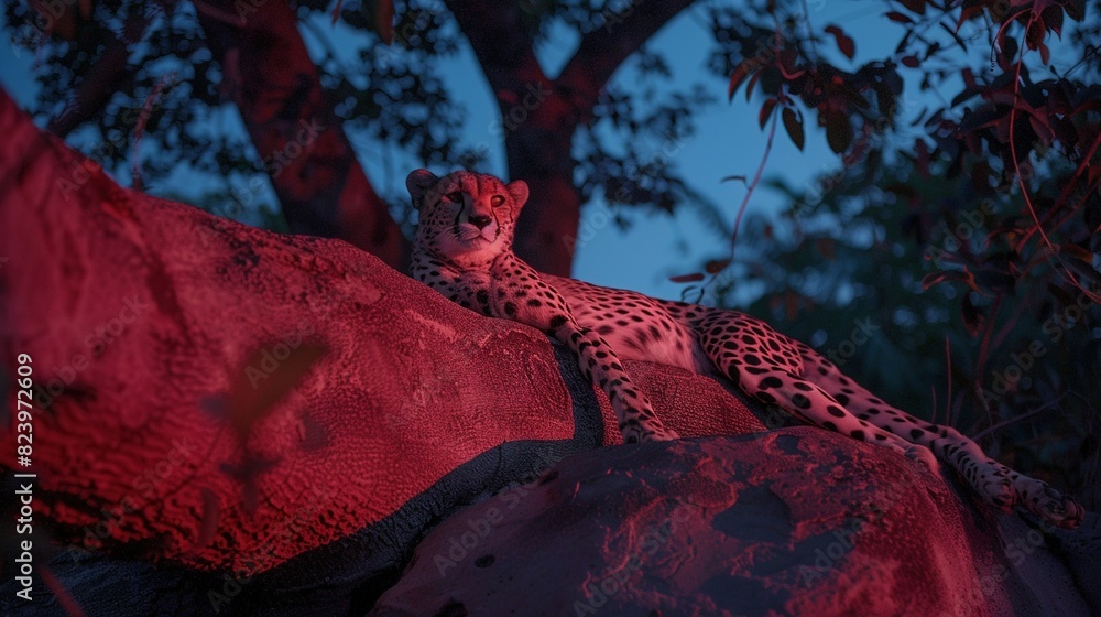 Poster a cheetah resting on a large rock under a tree in the night with a red light on its face